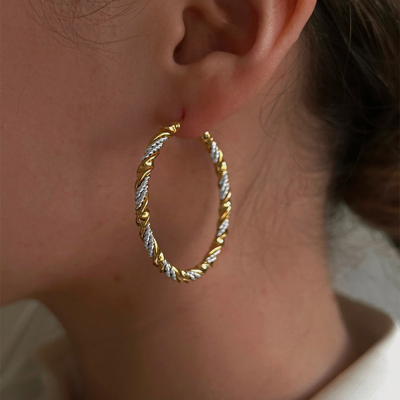 Dobbeltfarvede øreringe i rustfrit stål til kvinder, vævet twist, titanium stål hoop øreringe, overdrive, trendy smykker, tilbehør