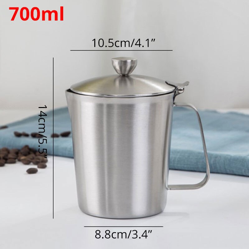 Milk Frothing Pitcher Jug with Lid and Measurment - Upgraded Thicken 304 Stainless Steel Measuring Cups Coffee Foam Container: 700ml