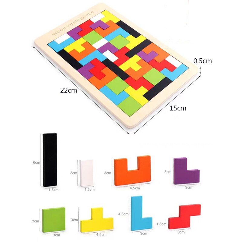 3D Puzzle Wooden Tangram Math Toys Puzzle Tetriss Game Montessori Children Educational Jigsaw Puzzle Game Toy for Boys Girl Baby