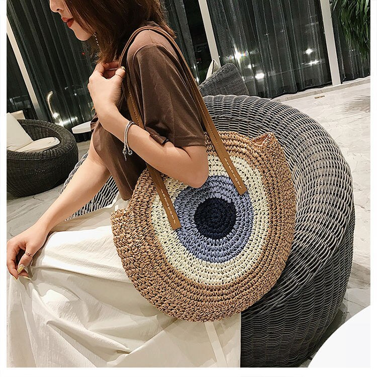 precioso bolso redondo de paja para mujer, bohemio, informal, de verano, tejido a mano, redondo, de mimbre, bolsos de playa, bolso de hombro de paja a la para mujer