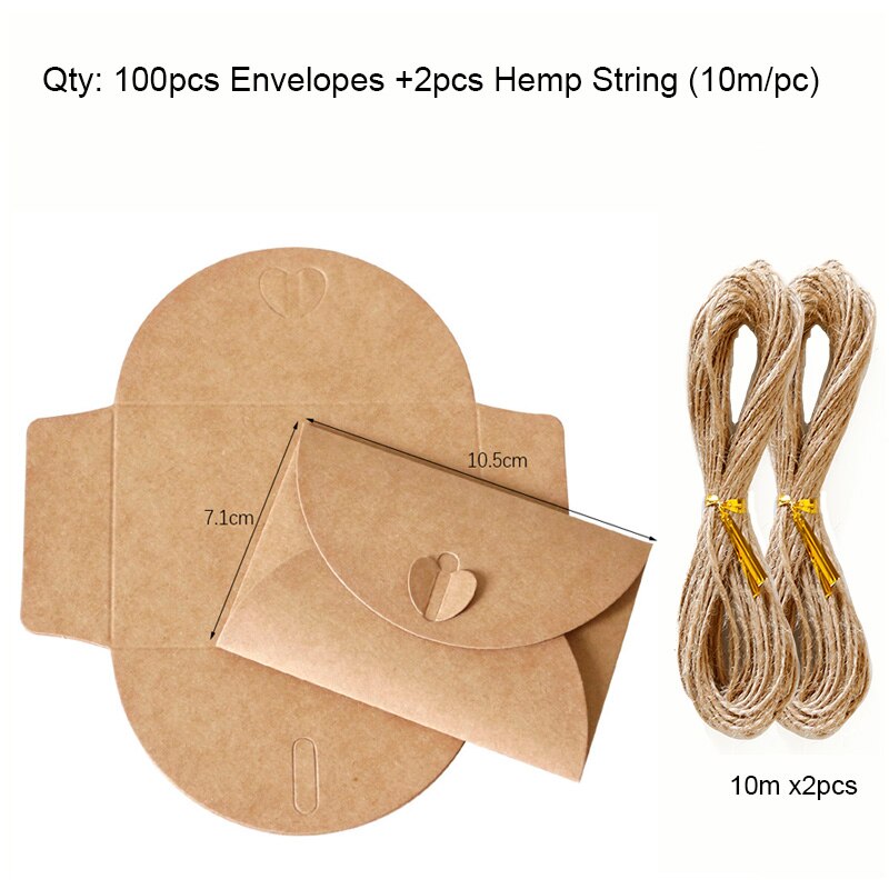 100Pcs 7.1*10.5Cm Hart Vorm Pearlized Kraftpapier Enveloppen Party Papieren Zak Of Wenskaart Party uitnodiging Kaart Ambachten: 100pcs2x10mHemp