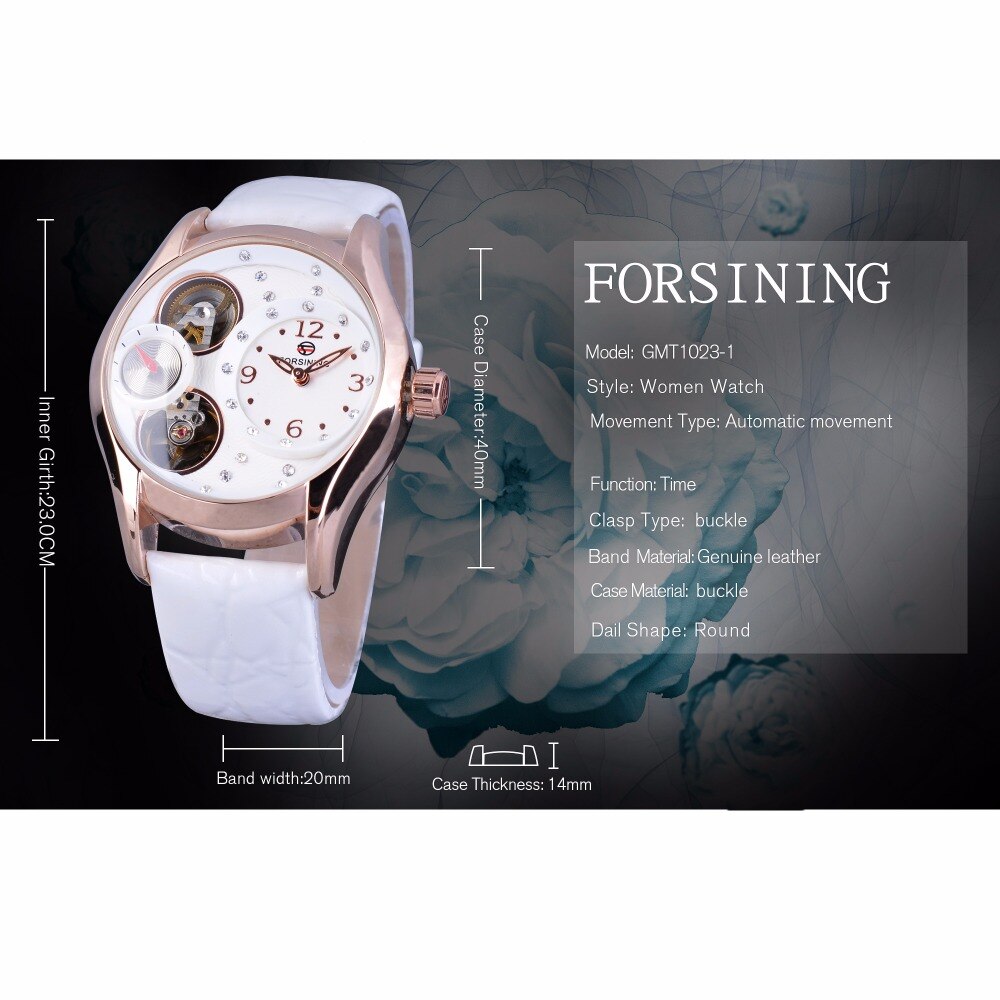 Forsining Wit Lederen Dames Tourbillion Luxe Kleine Tweede Dial Vrouwen Mode Jurk Strass Horloge