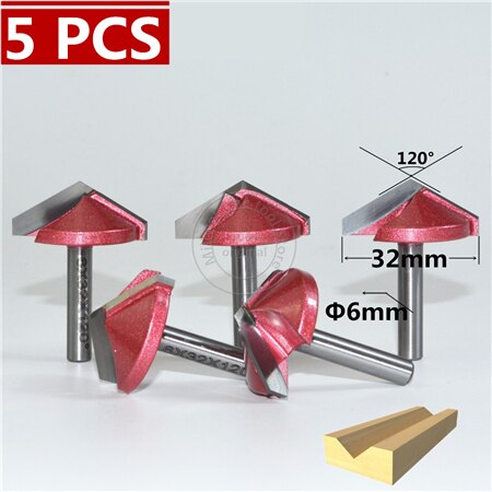 6mm * 120degree * 32mm, CNC Tungsten staal 3D V bit, CNC machine tool, PVC, MDF, Acryl, Carbide end mill, houtbewerking insert router bit: 5 PCS