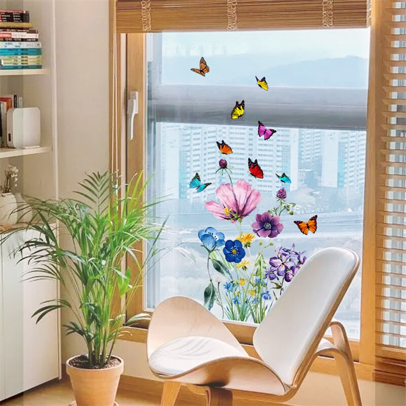 Calcomanías de vinilo anticolisión para ventana, calcomanías florales de pájaros, pegatinas de vidrio de mariposa, decoración del hogar, sala de estar, sin pegamento