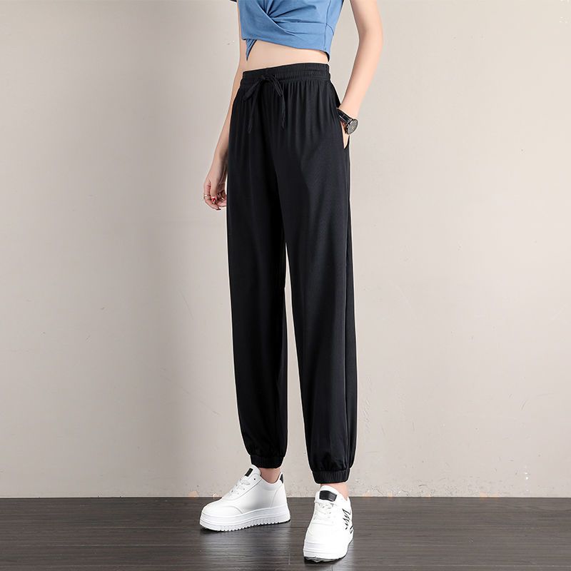 Zomer Vrouwen Sport Broek Ice Zijde Effen Cool Loszittende Dunne Casual Broek Draperen Afslanken Grote-Size breed-Been Bloeiers: black / L