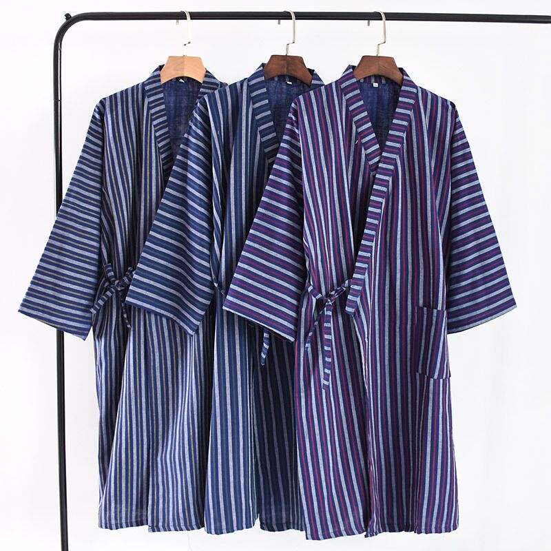 Blødt gaze bomuld herreklæde klassisk japansk stil kimono morgenkåber hjem morgenkåbe nattøj mandlige stribede badekåber