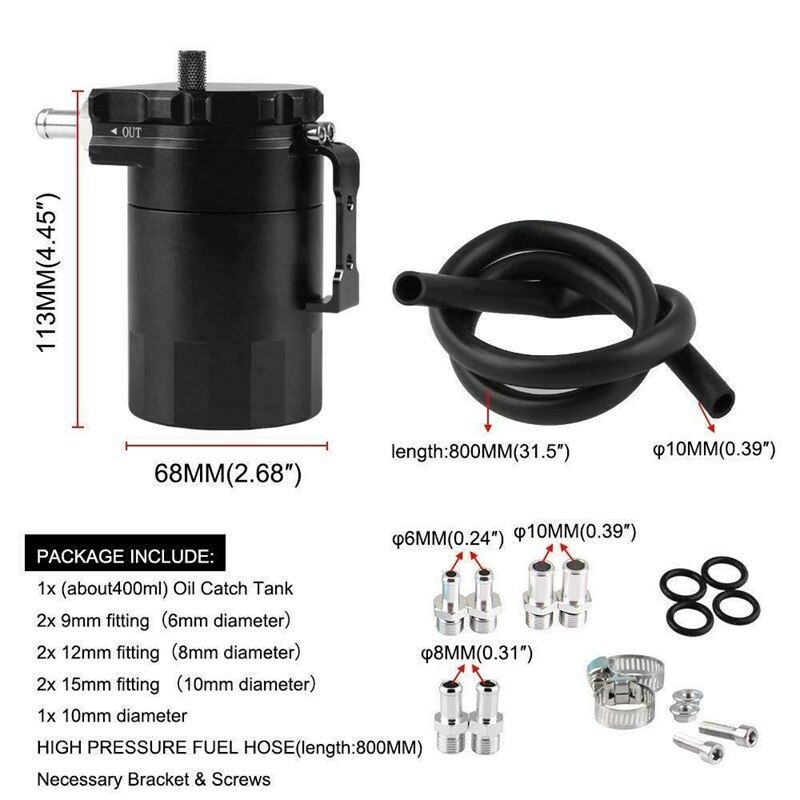 Universal Aluminum Oil Catch Can Kit Reservoir Tank Engine Black Polish Baffled