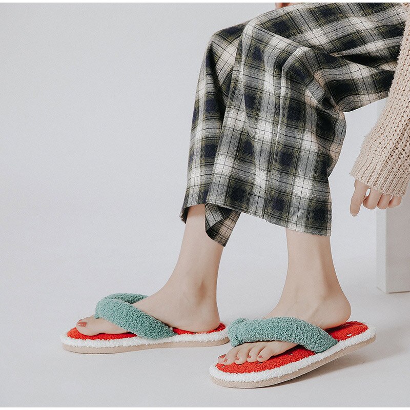 Kobiety śliczne klapki japonki arbuz pluszowe wewnętrzne kapcie damskie na co dzień miękkie antypoślizgowe obuwie wygodne buty damskie jesień 2020