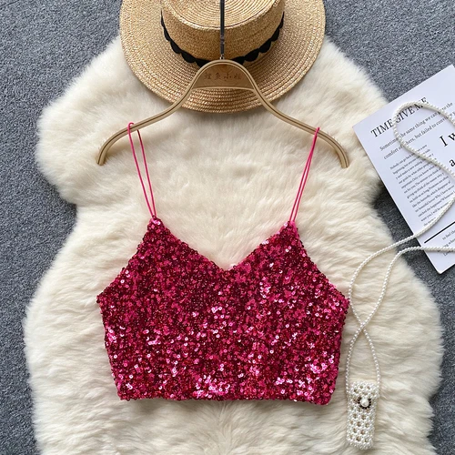 Kvinnor chic paljett linne smal grundläggande sexig koreansk ärmlös axelbandslösa toppar hösttopp: Röd