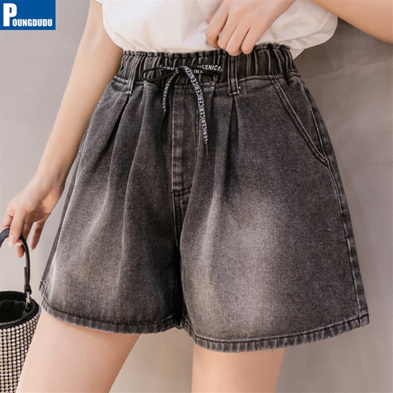 POUNGDUDU Summer Women's Denim Shorts For Girl Plus Size Shorts Jean Female 100KG Wearable Gray High-Waist Elastic Loose