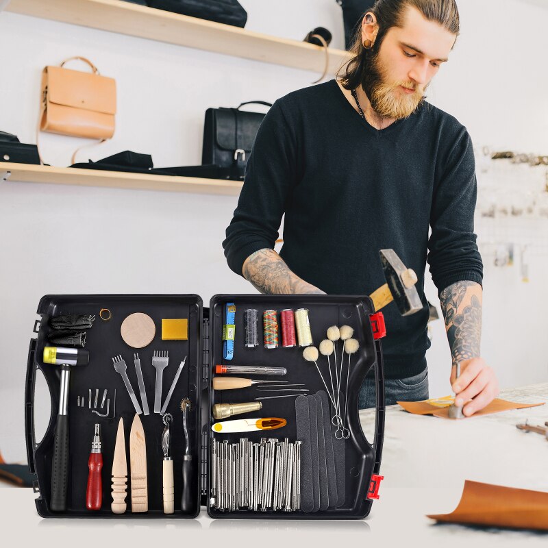 128 Pcs Leather Work Tool Kit Leathercraft and Supplies with Leather Stamping Tools Rivets Kit Prong Punch for Leather Crafting