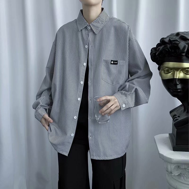 Lange Mouwen Mannelijke Koreaanse Stijl Trendy Knappe Herfst Hong Kong Stijl Japanse Losse Gestreepte Shirt Jasje
