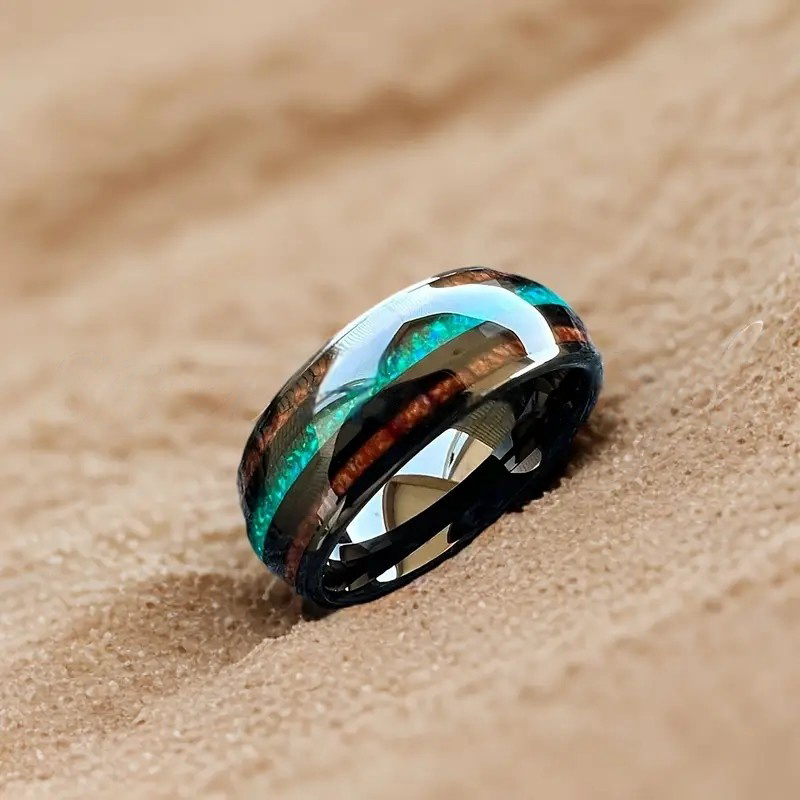 Anillo de tungsteno negro de 8Mm para hombres y mujeres, anillo de compromiso de boda, joyería de , incrustaciones de madera de Koa de ópalo verde, ajuste cómodo