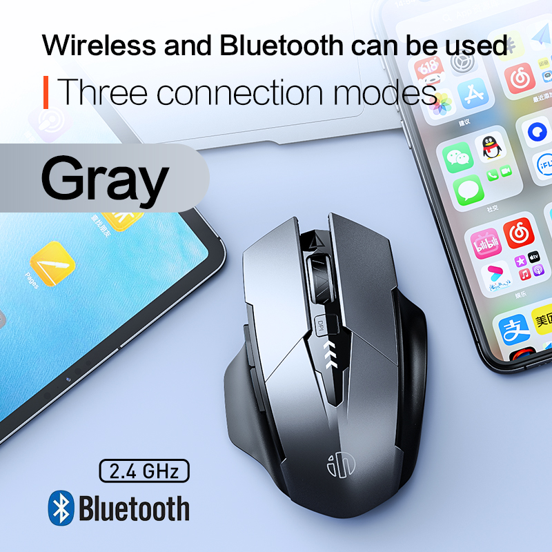 INPHIC A9 draadloze Bluetooth stille muis, DPI-instelbaar op vijf niveaus, muis met drie modi, geschikt voor een verscheidenheid aan computers: GRIJS