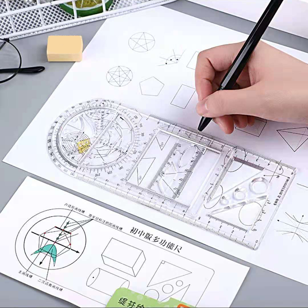Regla geométrica multifuncional, herramienta de medición de plantilla de dibujo geométrico para suministros de oficina y escuela, NIN668: TRANSPARENT
