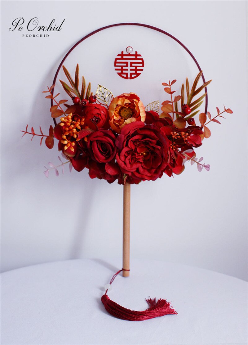 PEORCHID-ramos de novia clásicos de champán, flores artificiales chinas, Vintage Palace, redondos, abanico de mano, broche de ramo de bodas