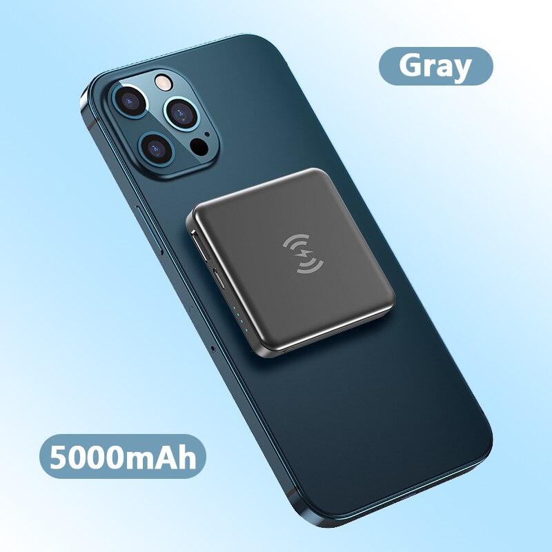 Magnetic Wireless Power Bank For Magsafe Chargers PowerBank For iPhone 12 Pro Max 12Mini 5000mAh External Battery Fast Charging: Gray