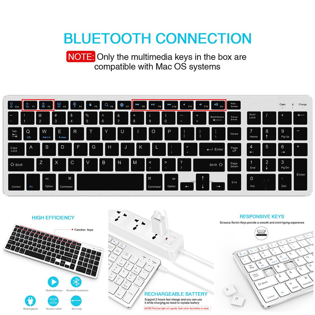 Bluetooth Keyboard Rechargeable Portable BT Wireless Keyboard with Number Pad for Laptop PC Tablet Windows IOS Android