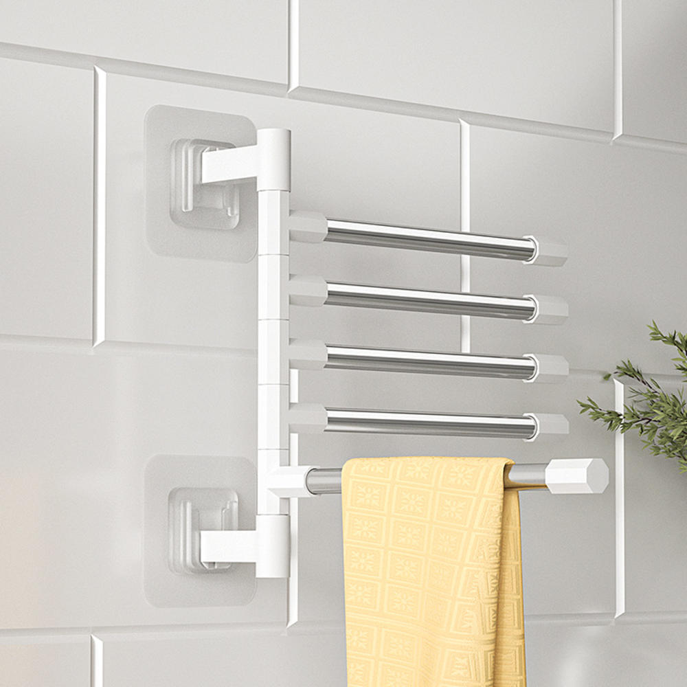 Swivel Towel Bar Stainless Steel Bathroom Swing Hanger Towel Rack Holder Storage Organizer Space Saving Wall Mount Self Adhesive