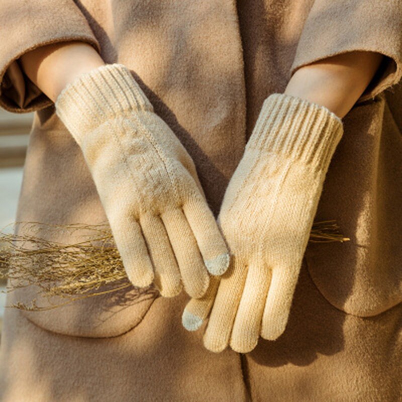 Guantes de punto de lana para mujer, guantes de lana trenzada con flores para pantalla táctil, invierno cálido, Jacquard de Cachemira, además de terciopelo, guante de conducción de abrigo grueso H48