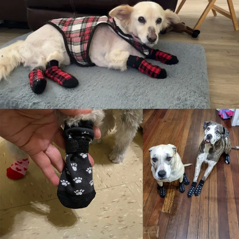 4 unids/set calcetines antideslizantes para perros 4 Uds Protector de pata Control de tracción ropa interior ajustable tejida con refuerzo de goma