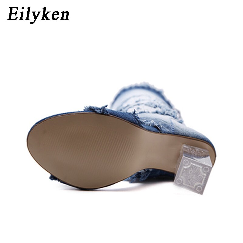 Eilyken Vrouwen Sandalen Zomer Overknee Denim Gladiator Sandalen Laarzen Knie Hoge Open Teen Boot Vrouw Schoenen Hemelsblauw Maat 40