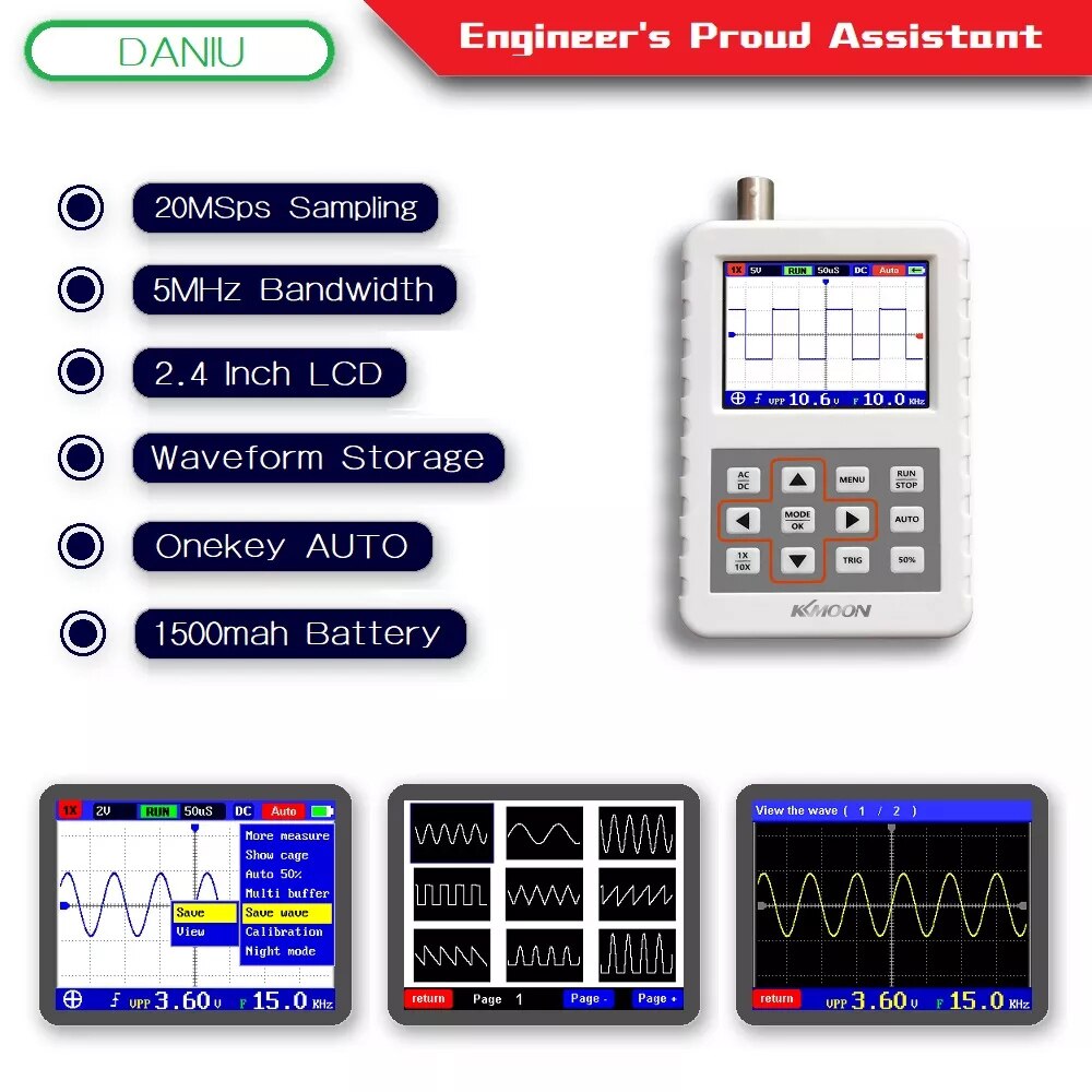 KKmoon DSO PRO osciloscopio Digital, osciloscopio portátil Mini tamaño de Palma, osciloscopio con 5M de ancho de banda, 20 MS/s de frecuencia de muestreo