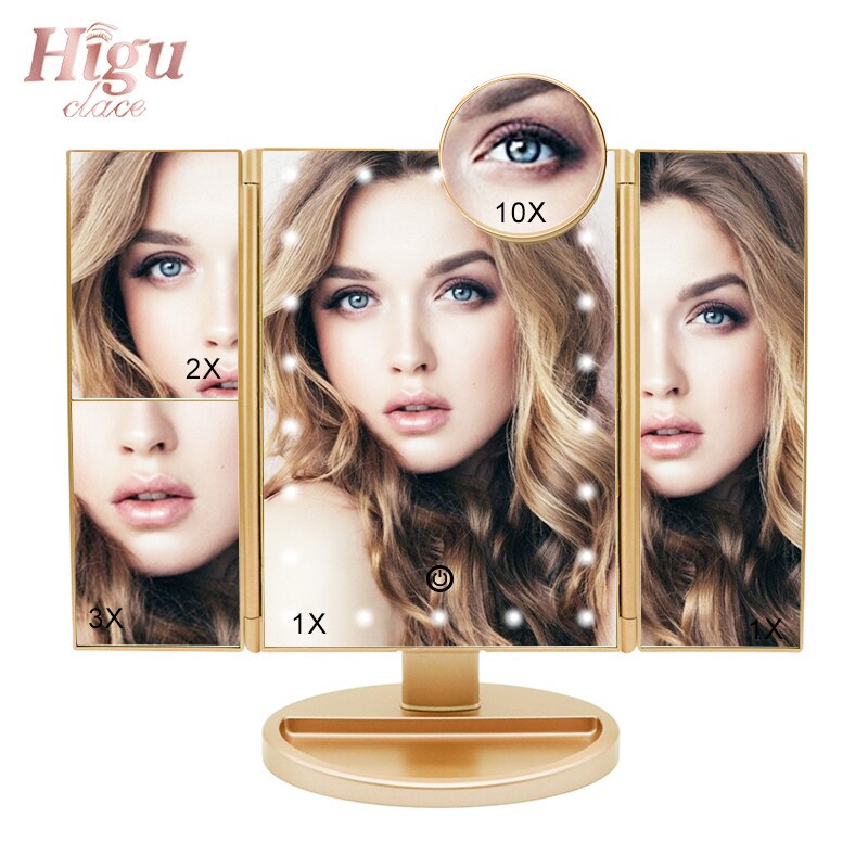 Higu Tri-folded Table Makeup Mirror LED Light Touch Screen Fold Mirrors 180 Degree Adjustable Table Cosmetic Tool: Gold