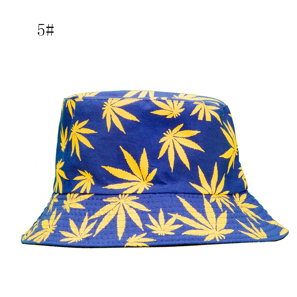 Spring and Summer Fisherman Hat Women's Cotton Maple Leaf Printed Hat Bucket Hat Men's Korean-Style Sunbonnet Sun Hat: 5Blue yellow leaves