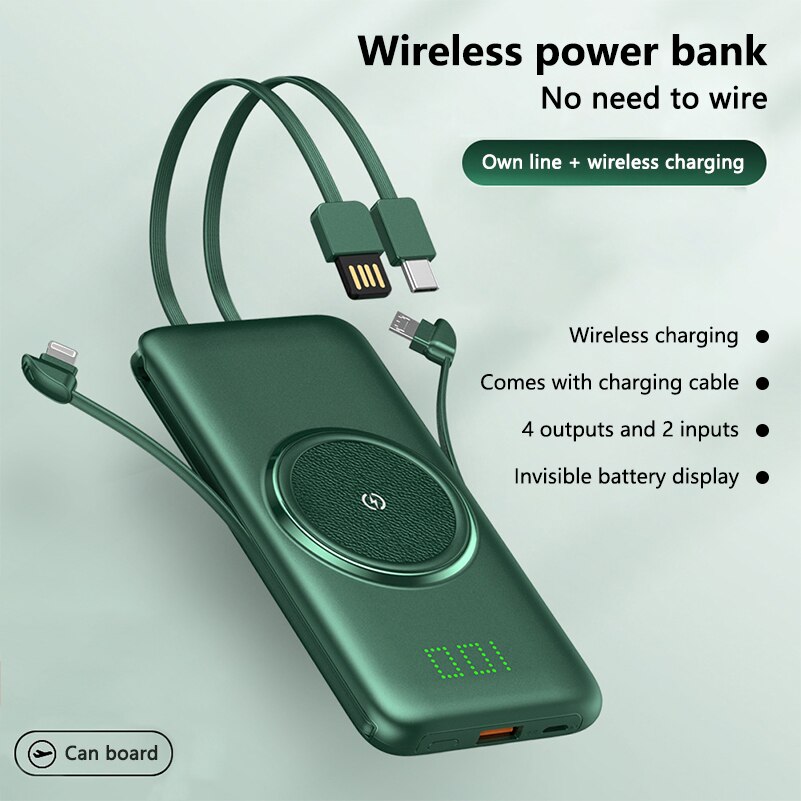 20000mAh Qi Wireless Charger Power Bank For Xiaomi iPhone Samsung Powerbank Built-in Cables External Battery Wireless Power Bank