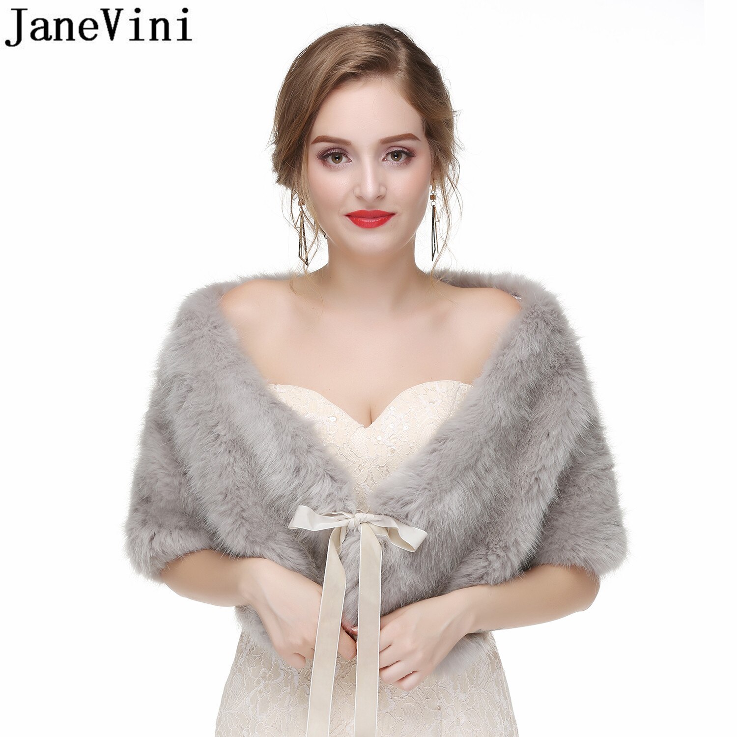 Janevini Elegante Zachte Faux Fur Shawl Vrouwen Bruiloft Capes Bruids Jas Wraps Grijs Lace Up Bont Stola Formele Bolero Fourrure mariage