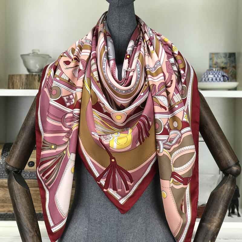 Bufanda Mujer cuadros de seda de sarga de 100% chal con estampado de Echarpe cuatro lard para Mujer Bufandas cuadradas para Mujer Pañuelos Mujer 130*130cm: 2
