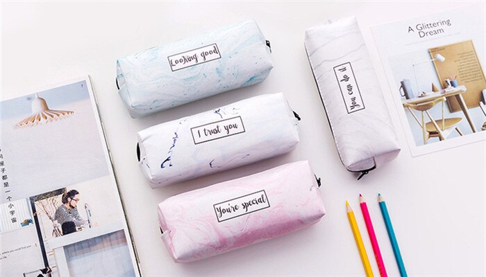 Kleur marmering pu leren etui schoolbenodigdheden student stationair pen etui vrouw cosmetica handtas make-up tas: Elke kleur