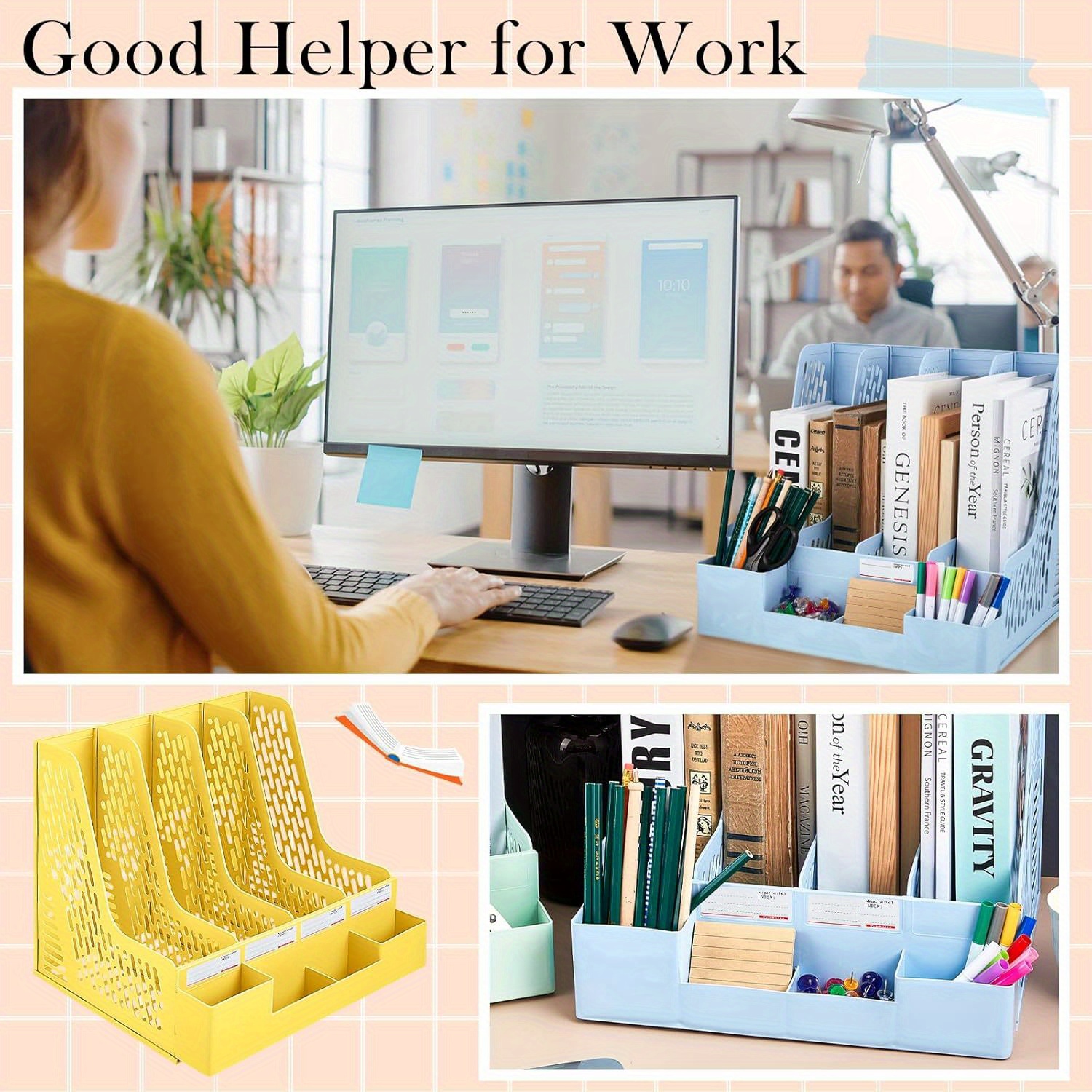 4 Packs Plastic Desk Organizer File Folder, Desktop Magazine Holder, Office File Sorter Rack, Vertical File Dividers