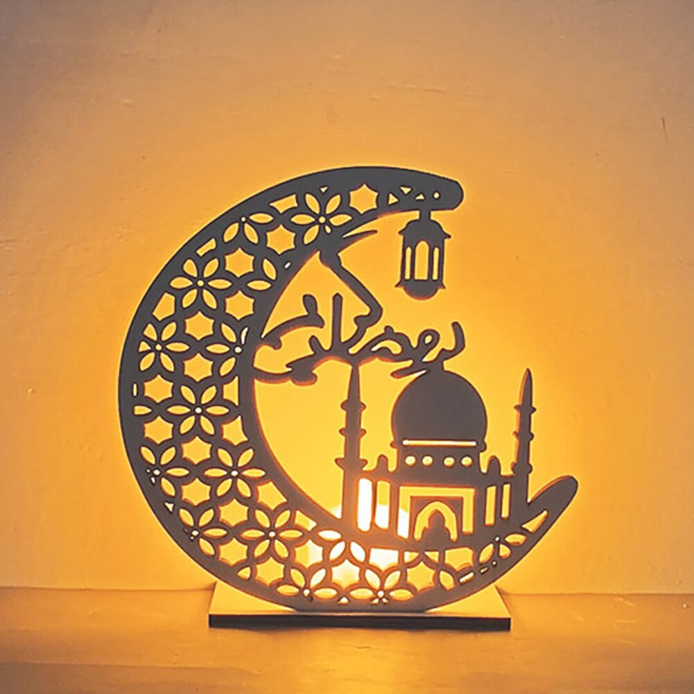 Ramadan Decoration for Home, Table Lamp Wooden Moon Star Night Lights Lantern for Party Ramadan Mubarak Eid Decoration: 2