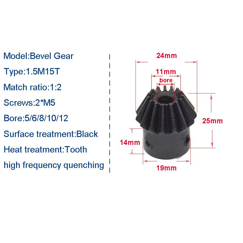 1PCS 1.5M Bevel Gear 15T/30T Black Tapered MoT-Kor Bevel Gear Bore 5-15mm