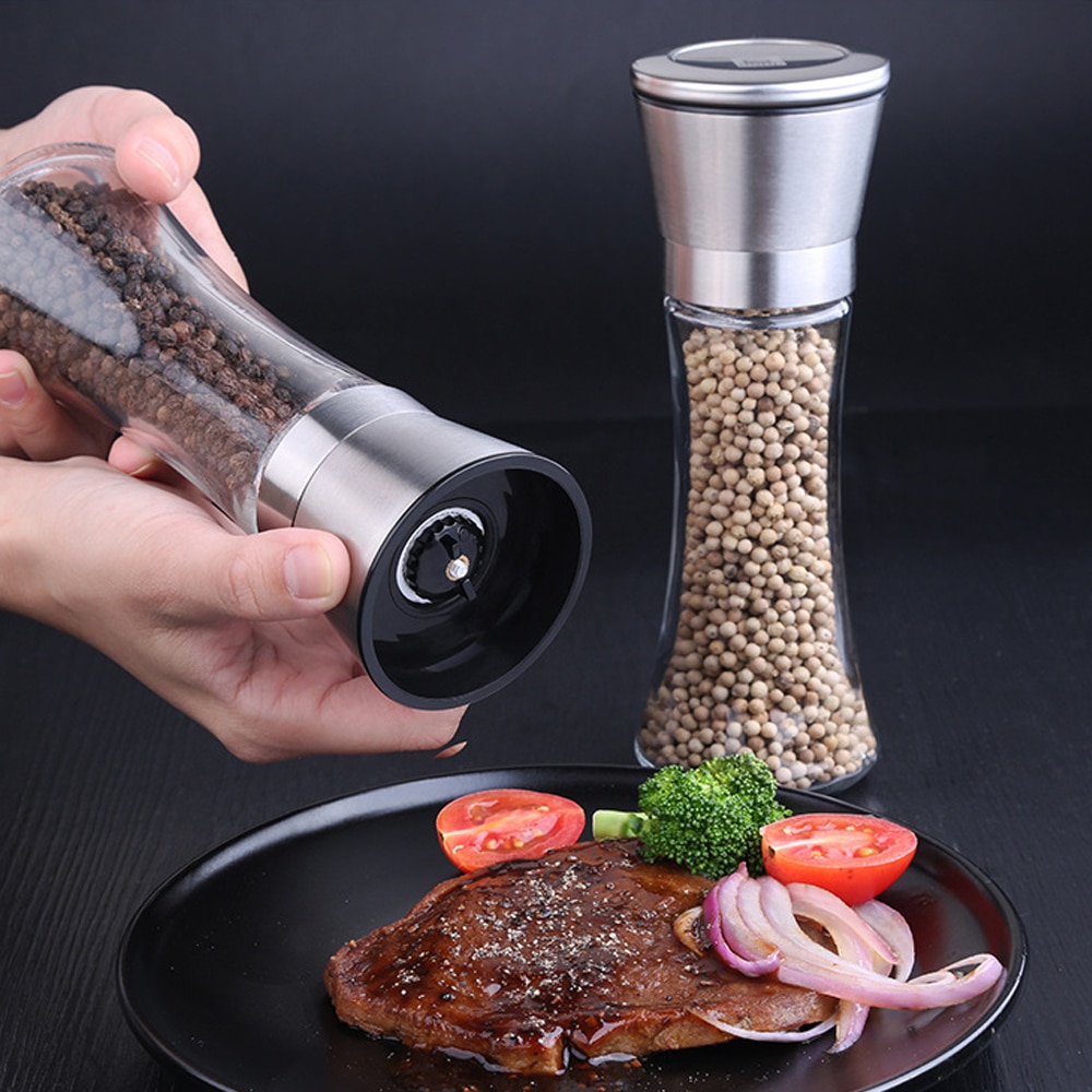 Premium Roestvrij Staal Zout en Peper Molen Shakers Glas Body Spice Zout En Pepermolen met Verstelbare Keramische Rotor
