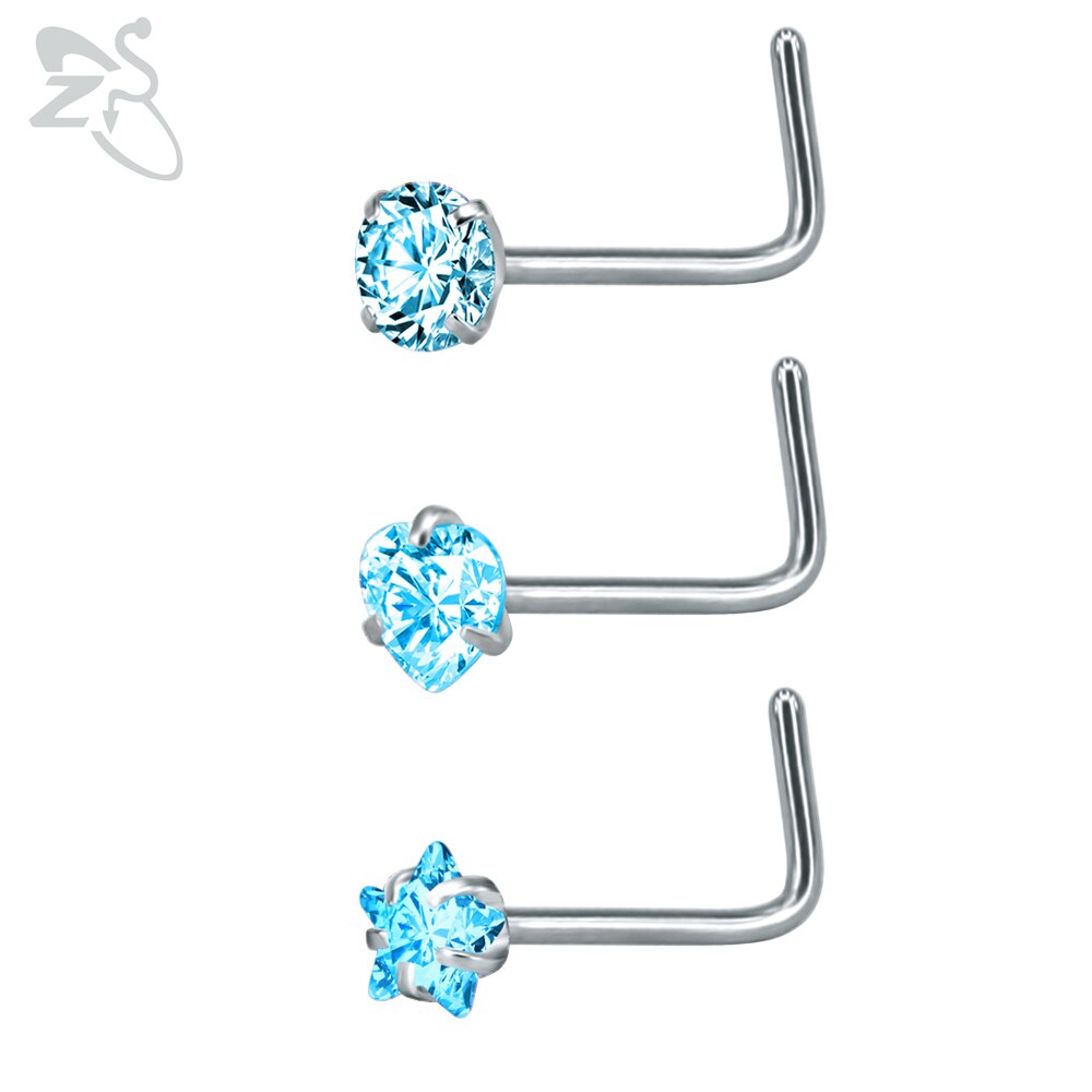 Zs piercing de nariz em aço inoxidável 3-12 porcelana, conjunto de pino redondo, estrela, coração, cristal cz, nariz, 3mm, forma de l, joia de piercing 20g: H-3pcs