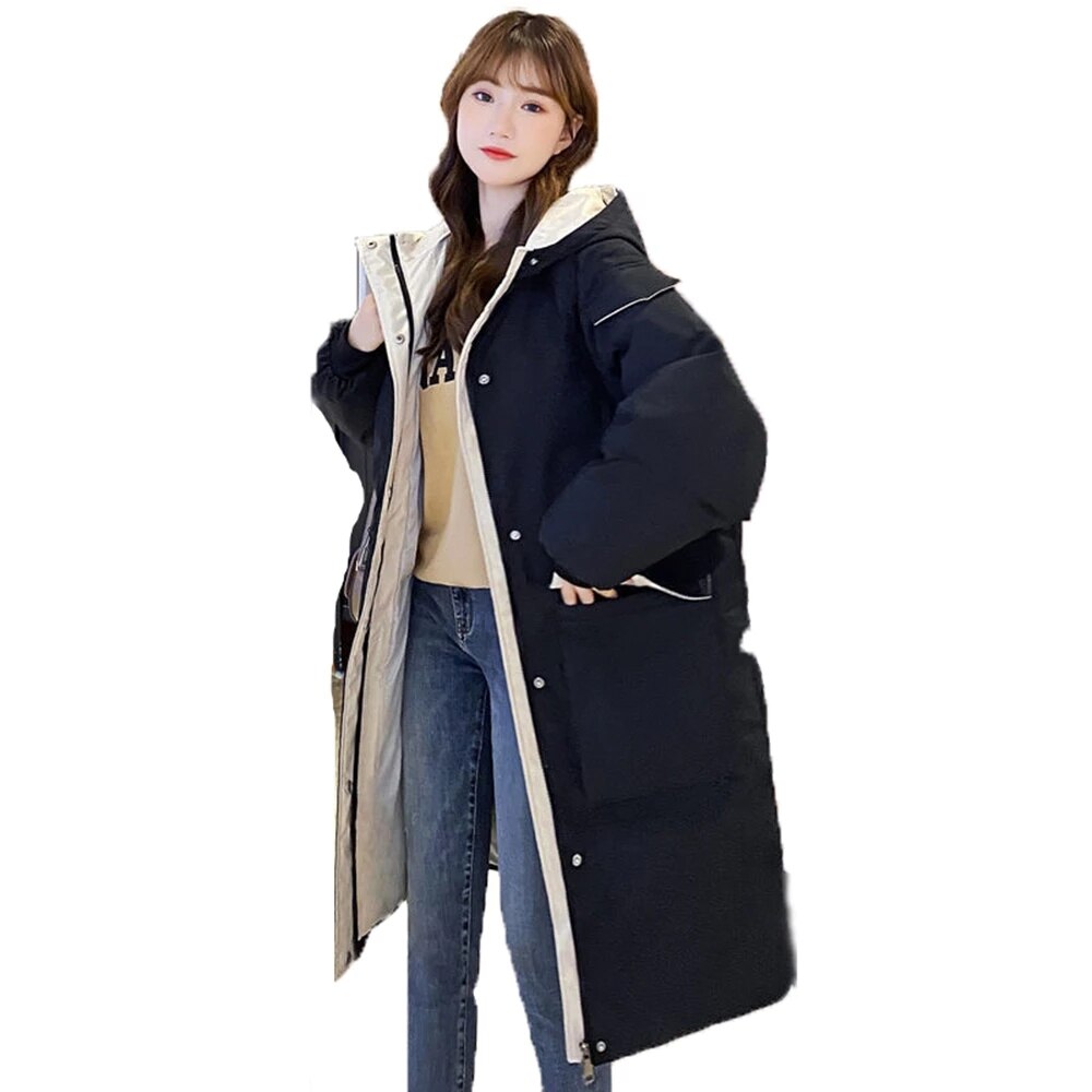 #39 vinterjakker x-lang vinterfrakk for kvinner hette korea-stil tykk solid stor lomme, løse parkas dame