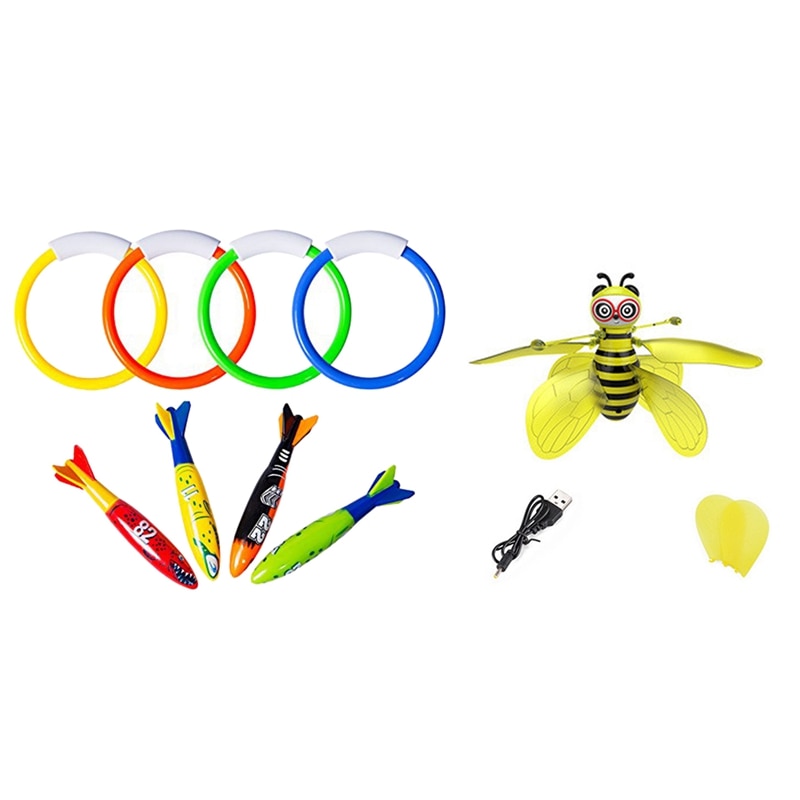 8 Pcs Swimming Pool Diving Rings, Diving Throw Torpedo Toys & 1 Set RC Bee Induction Infrared LED Light RC Aircraft Toy: Default Title