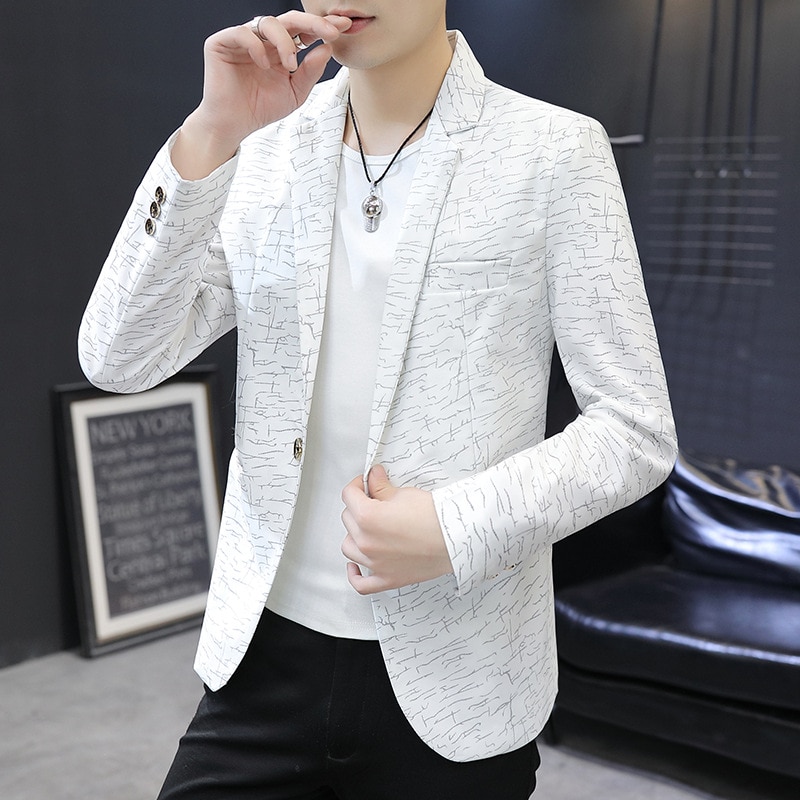 Män slim fit tryckt kavaj ungdom våren stilig cool kavaj trend avslappnad mångsidig kavaj
