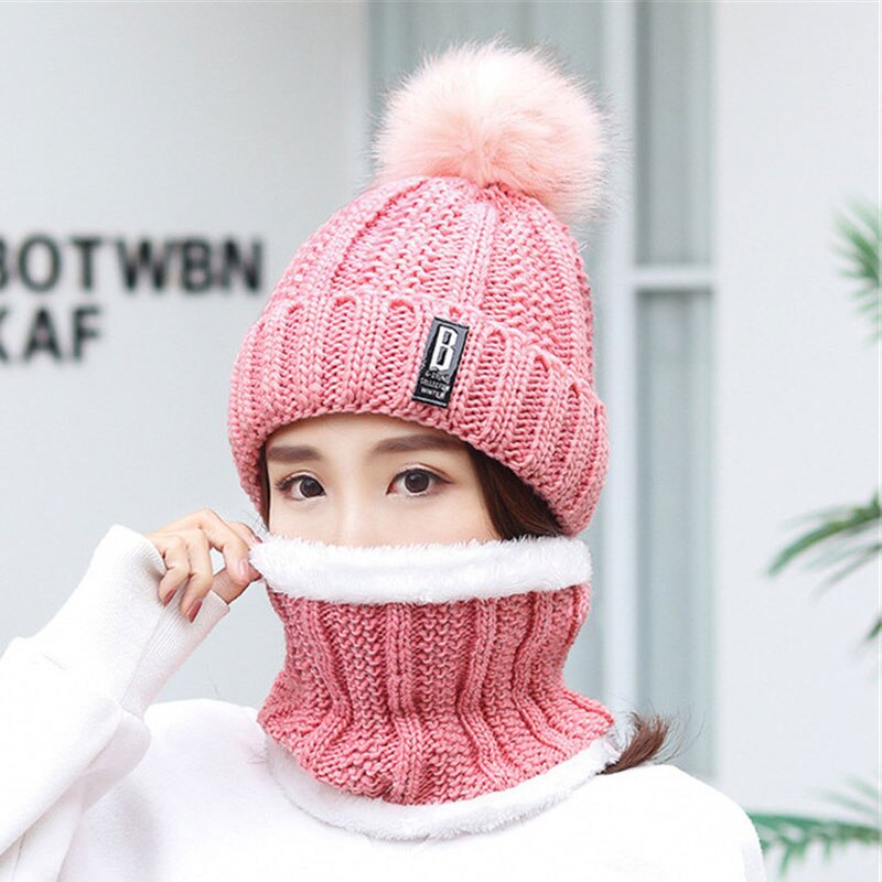 Frauen Dicke Kabel Stricken Hut Schal Weibliche Mützen Plüsch Hut Und Ring Schal Winter Warme Frau Dame Pom Pom kappe Schals Rosa: Pink Hat Scarf