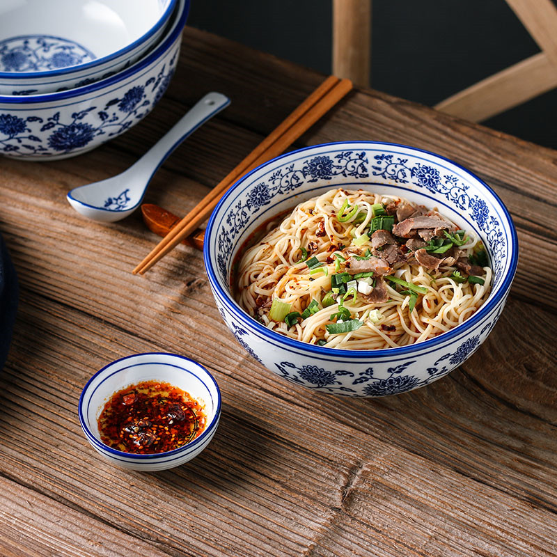 Blue and White Porcelain Hat Soup Bowl Ceramic Chinese Tableware Household Ramen Bowl Restaurant Large Instant Noodle Bowl