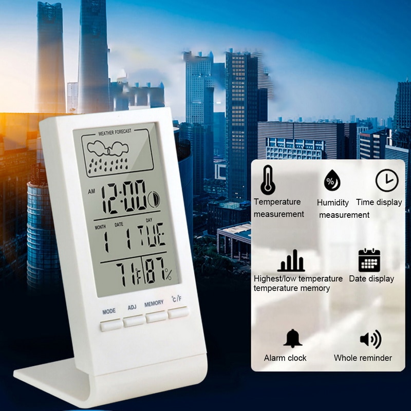 Digitalt lcd indendørs termometer hygrometer vækkeur kalender vejrstation skrivebord ur temperatur luftfugtighed meter barometer