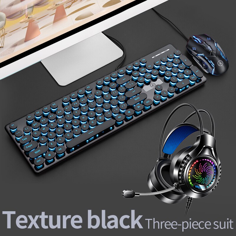Punk Backlit Gaming Keyboard and Mouse Mechanical Feel Round Keycaps USB Wired Cherry Pink Keyboard Mouse Headphone for PC Gamer: SMT3C517Black3in1