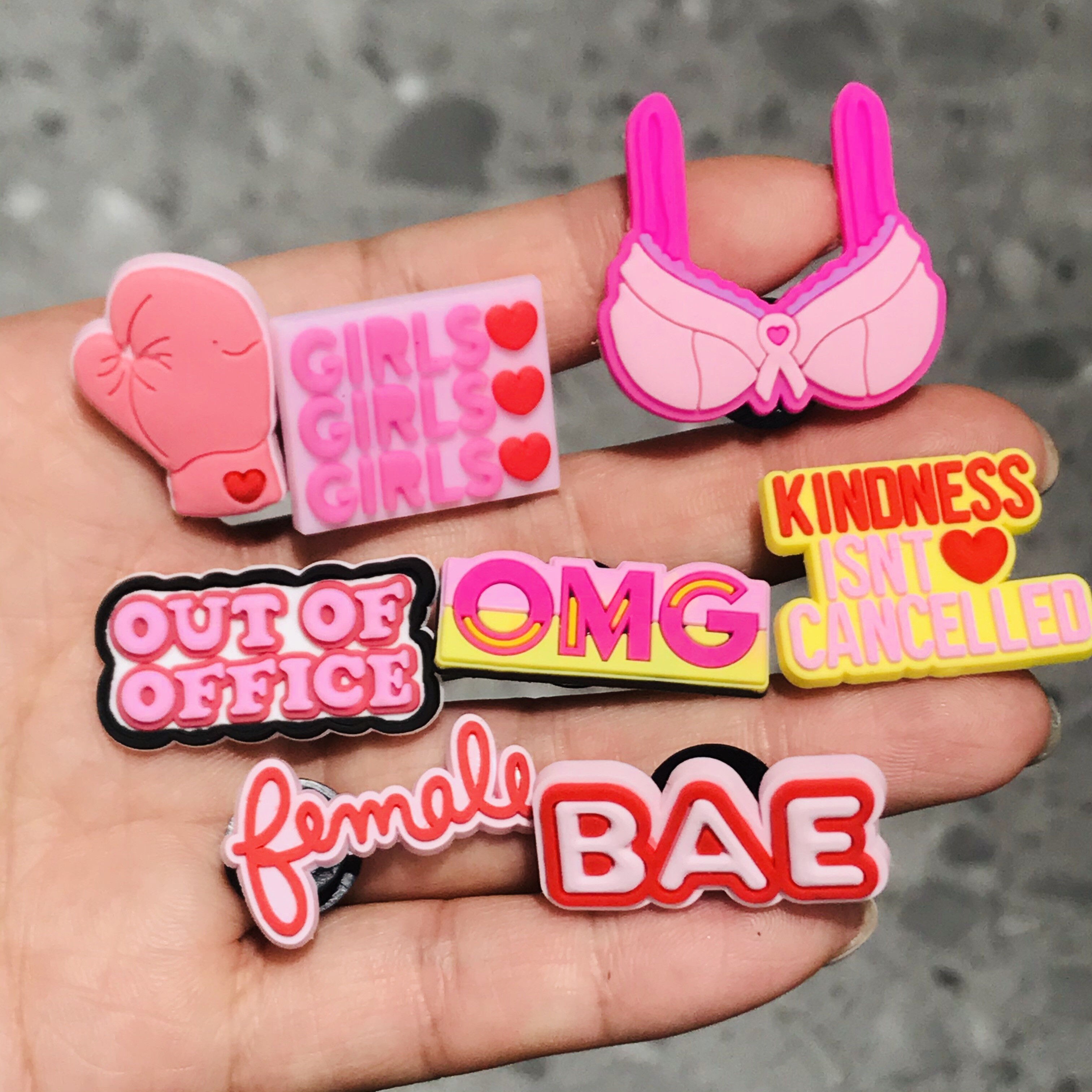 8Pcs Female Pink OMG Letters Out Of Office PVC Croc Jibz Shoe Charms DIY Wristbands Backpack Decoration Accessories Buckle Clog: Ivory