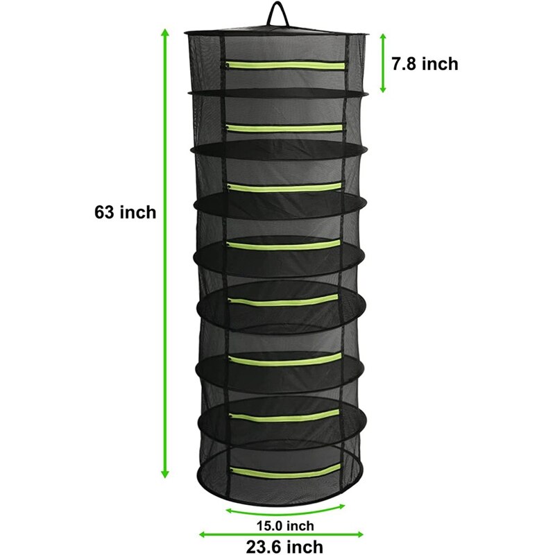 Vanilla Drying Rack Hanging Dryer Mesh Drying Rack With Green Zipper 8-Layer Plant Drying Rack