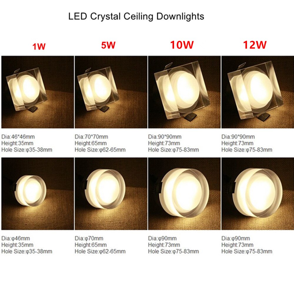 LED Crystal Downlight 12W 10W 5W 1W LED Recessed Ceiling spot light led Ceiling lamp for Living Room Bedroom Kitchen lights