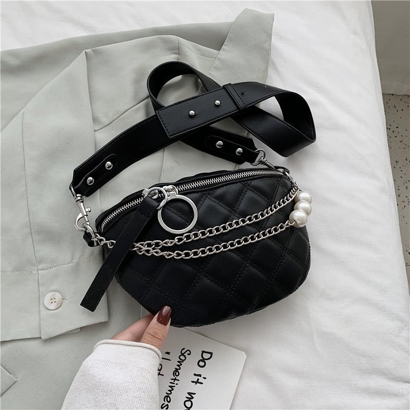 Small Solid Color Crossbody Bags For Women Pearl Summer Shoulder Bags Female Phone Purses Chain Handbags: Black