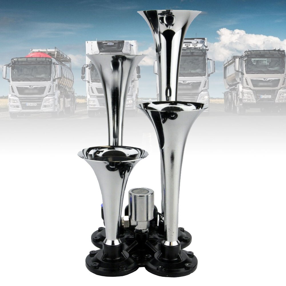 Quad 4 Air Horn Four Trumpet 120dB Loud 12-24 Volt Car Truck Metal Durable